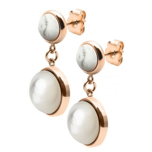 bijouterie pinto jussey IG 564 Jolie paires de Boucles d'oreille pendantes acier rosé nacre blanche et howlite.
