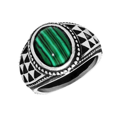 bijouterie pinto jussey 161381E2 Bague Homme Acier vieilli chevalière Malachite T62