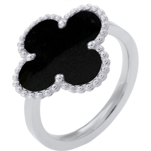 Bague acier trèfle Onyx noir contour perlé pierre naturelle
