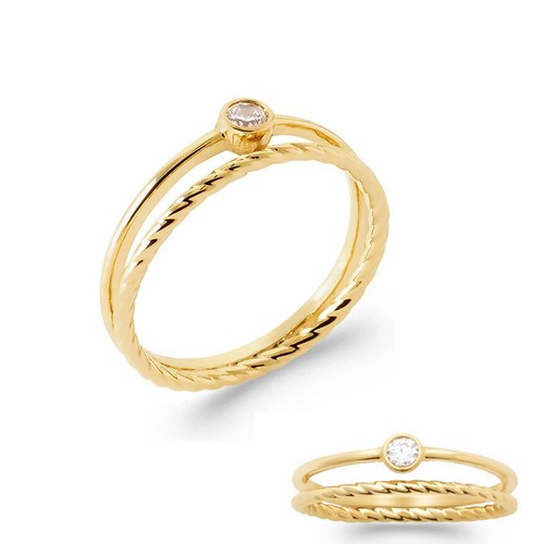 Bague plaqué or double anneau pierre et anneau tressé torsadé 2955110