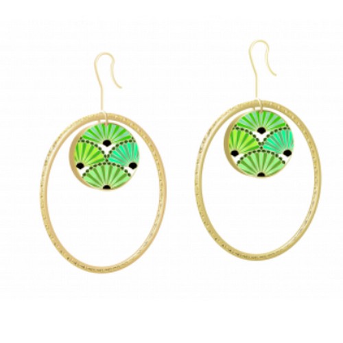 Boucle d’oreille acier doré OF 512 fermoir crochet motif japonais éventail vert