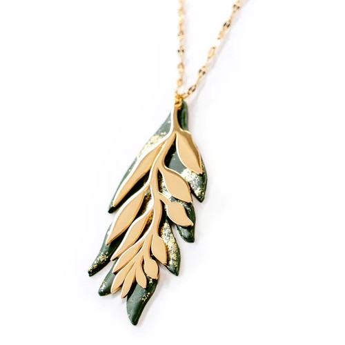 Collier acier doré EDEN feuille résine sautoir EEE 405
