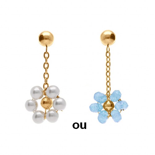 1108 Boucles d'oreille acier doré Fleur pendantes jade bleu ou perles imitation bijouterie Pinto Jussey