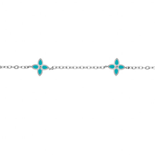 120881T Bracelet acier Trèfle Fleur turquoise femme ado 16+3 cm